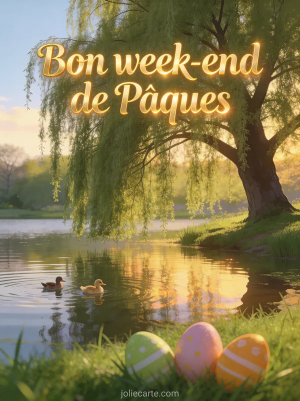 Grand saule pleureur au bord d'un étang calme au printemps avec petits canards, oeufs de Pâques colorés dans l'herbe et lumière dorée