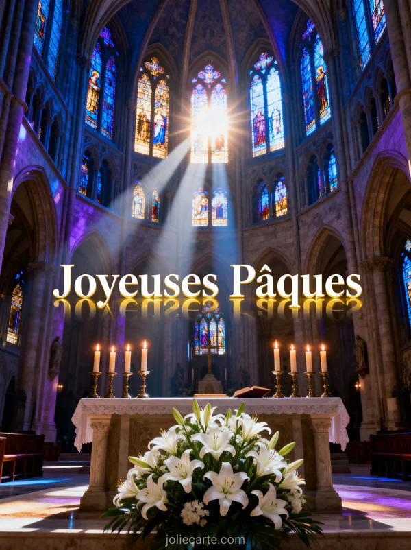 Intérieur majestueux d'une cathédrale avec vitraux colorés illuminés, bougies allumées sur un autel fleuri de lys blancs et lumière divine