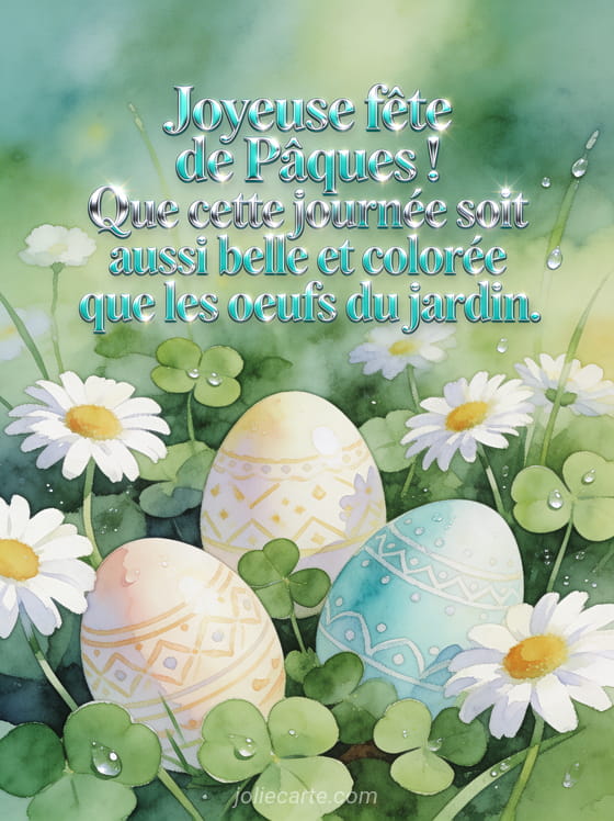 Jardin enchanté avec oeufs de Pâques peints de motifs délicats cachés parmi marguerites et trèfle avec rosée du matin en aquarelle