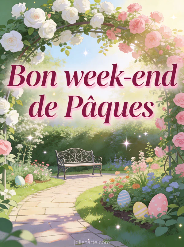 Jardin anglais luxuriant au printemps avec arche de roses grimpantes blanches et roses, allée pavée et oeufs de Pâques cachés dans les massifs