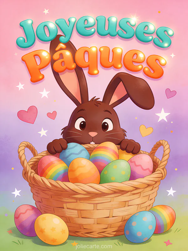 Illustration dynamique d'un lapin brun chocolat espiègle avec de grandes oreilles regardant par-dessus un panier d'oeufs arc-en-ciel sur fond pastel
