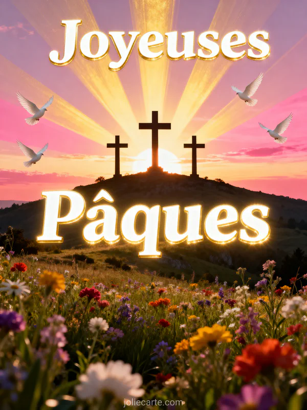 Trois croix sur le Calvaire en silhouette sur un ciel de lever de soleil avec rayons dorés, colombes blanches et fleurs sauvages au premier plan