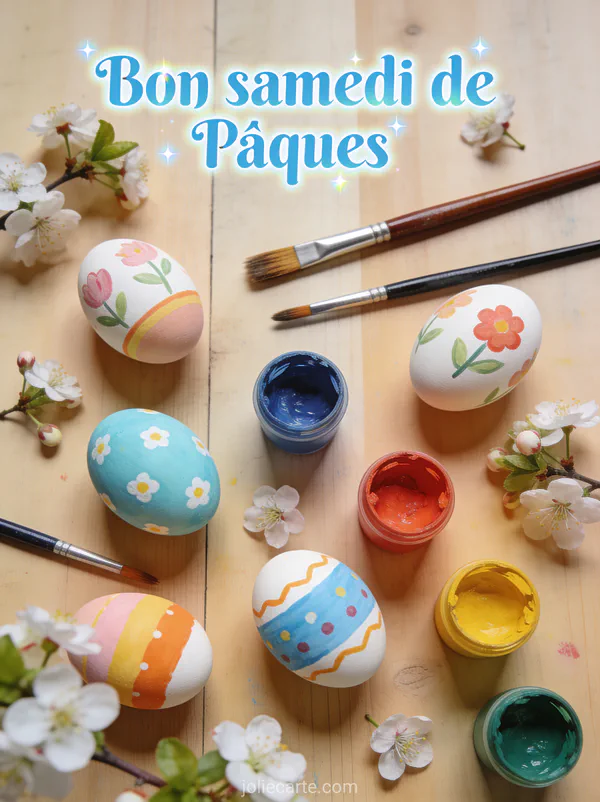 Atelier de décoration d'oeufs de Pâques vu de dessus avec pinceaux, peinture colorée, oeufs peints et fleurs de pommier sur table en bois