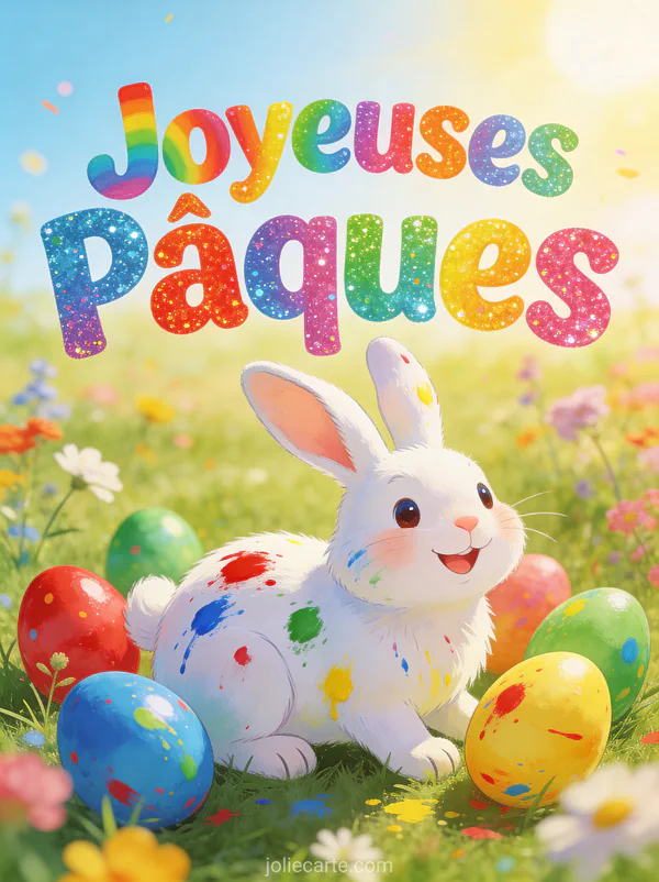 Illustration colorée d'un lapin blanc joyeux couvert de taches de peinture entouré d'oeufs éclaboussés de couleurs vives dans une prairie