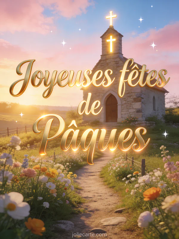 Chemin de campagne bordé de fleurs menant vers une petite chapelle en pierre avec croix illuminée au soleil couchant et ciel pastel