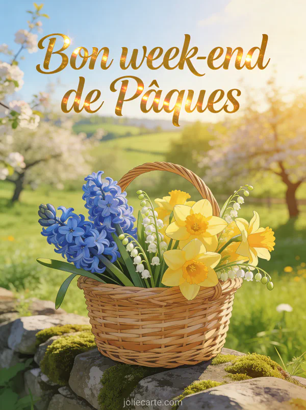 Panier en osier tressé rempli de jacinthes bleues, narcisses jaunes et muguet sur un muret en pierre moussu en campagne au printemps