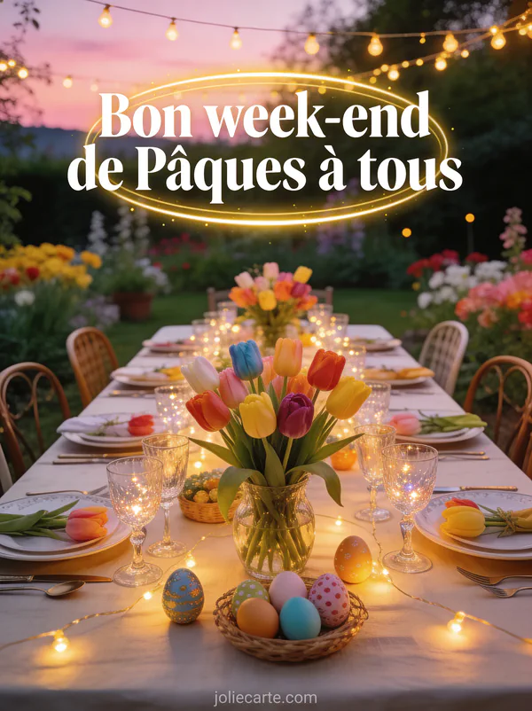 Grande table de jardin dressée pour un repas de fête au printemps avec guirlandes, tulipes multicolores et oeufs décoratifs au crépuscule