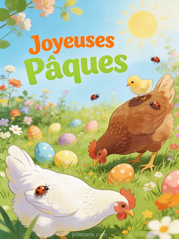 Illustration gaie de deux poules colorées picorant dans un jardin au milieu d'oeufs de Pâques avec un poussin sur le dos d'une poule