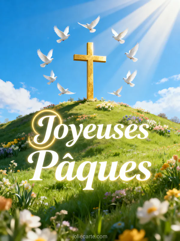 Croix en or au sommet d'une colline fleurie avec rayons de soleil en éventail, colombes blanches en vol et prairie verte printanière