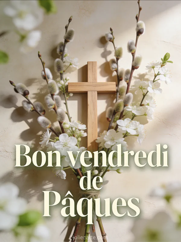 Nature morte printanière avec croix en bois simple entourée de branches de saule en bourgeons et petites fleurs blanches en lumière douce