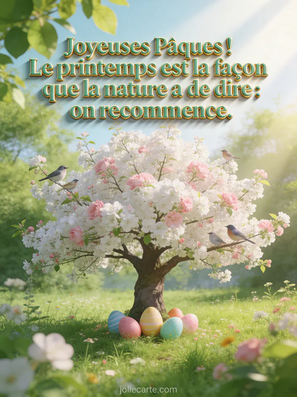 Arbre majestueux en pleine floraison blanche et rose au milieu d'un pré verdoyant avec oeufs colorés au pied et oiseaux sur les branches