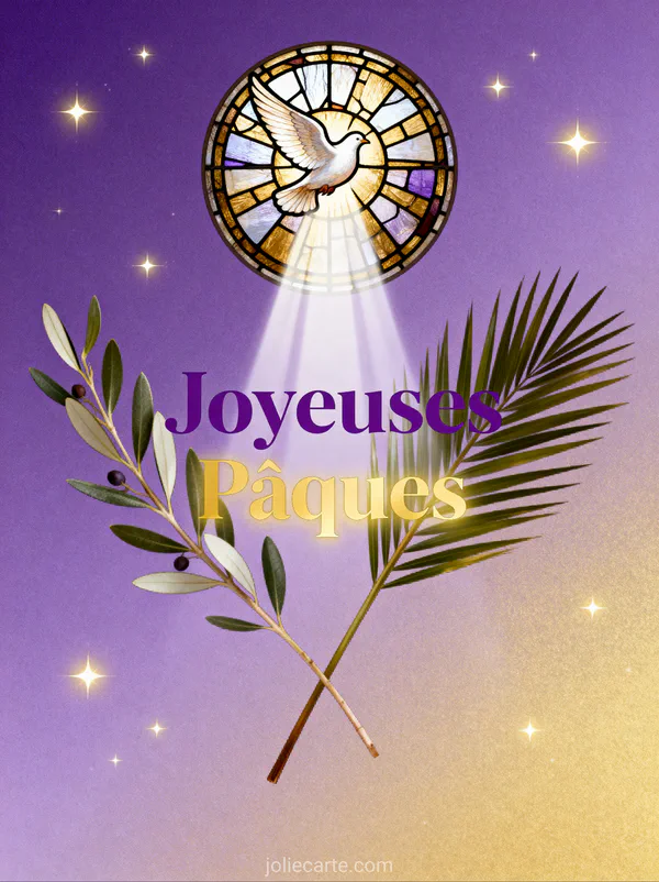 Rameau d'olivier et branche de palmier croisés devant un vitrail rond avec colombe descendant dans un rayon de lumière sur fond violet et or