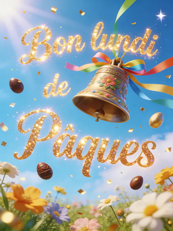 Cloche de Pâques décorée de rubans colorés dans un ciel printanier avec pluie de petits oeufs en chocolat et confettis dorés