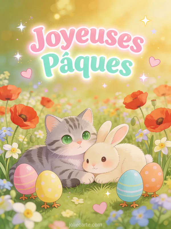 Illustration kawaii d'un chaton gris tigré et un petit lapin beige blottis dans un champ de coquelicots avec oeufs de Pâques et coeurs