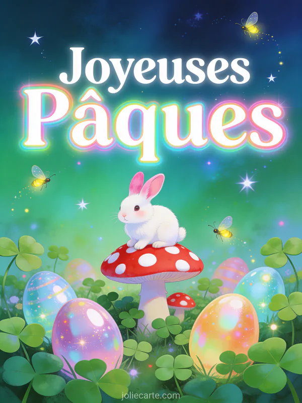Illustration fantaisie d'un lapin blanc aux oreilles roses assis sur un champignon dans un jardin enchanté avec oeufs brillants et lucioles