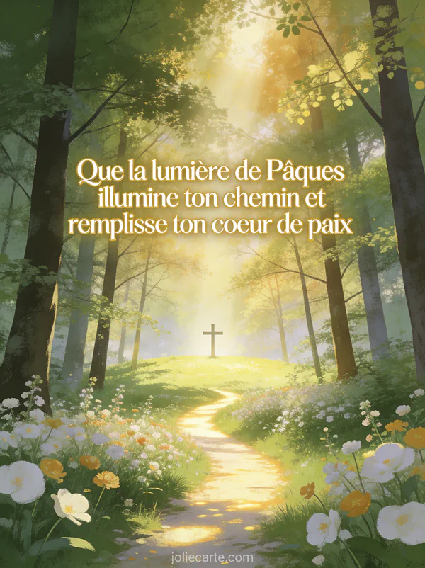 Sentier lumineux dans une forêt printanière menant vers une clairière baignée de lumière divine avec croix visible à travers les arbres