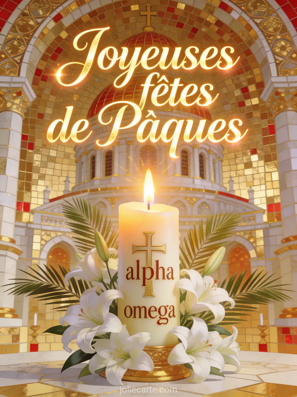 Grand cierge pascal allumé décoré d'une croix et des lettres alpha et oméga entouré de lys blancs sur fond de mosaïque dorée