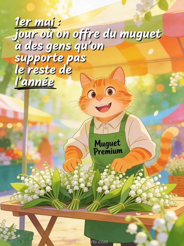 Chat roux anthropomorphe en costume de vendeur derrière un étal de muguet avec le texte humoristique du 1er mai, style illustration