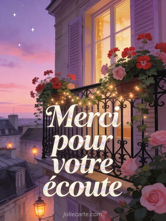 Balcon en fer forgé couvert de géraniums rouges et lierre avec guirlandes lumineuses, vue sur des toits anciens au crépuscule avec le texte Merci pour votre écoute