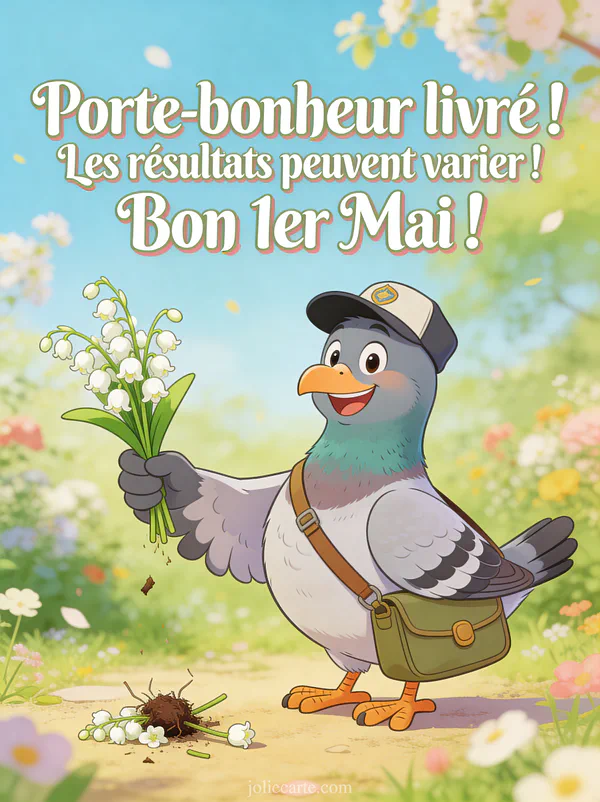 Illustration cartoon d'un pigeon facteur souriant avec casquette tendant un brin de muguet écrasé avec le texte Bon 1er Mai