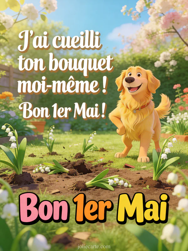 Illustration cartoon d'un chien golden retriever souriant dans un jardin avec des brins de muguet déterrés partout et un parterre ravagé