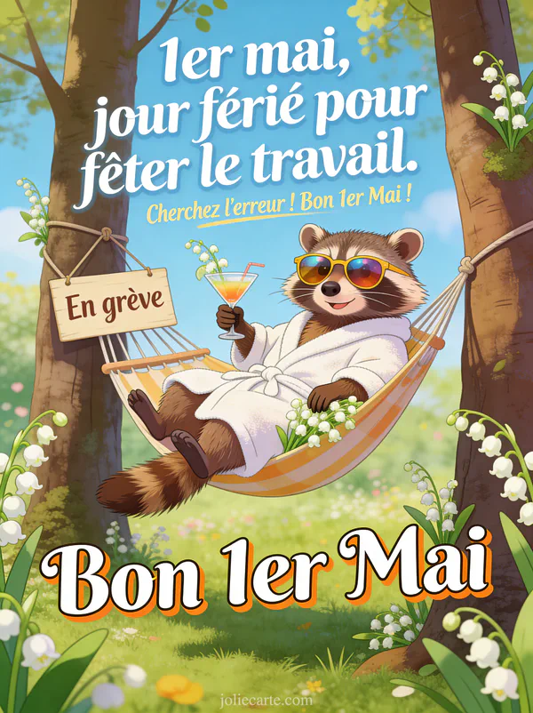 Illustration cartoon d'un raton laveur en peignoir dans un hamac avec lunettes de soleil, cocktail et pancarte En grève entouré de muguet