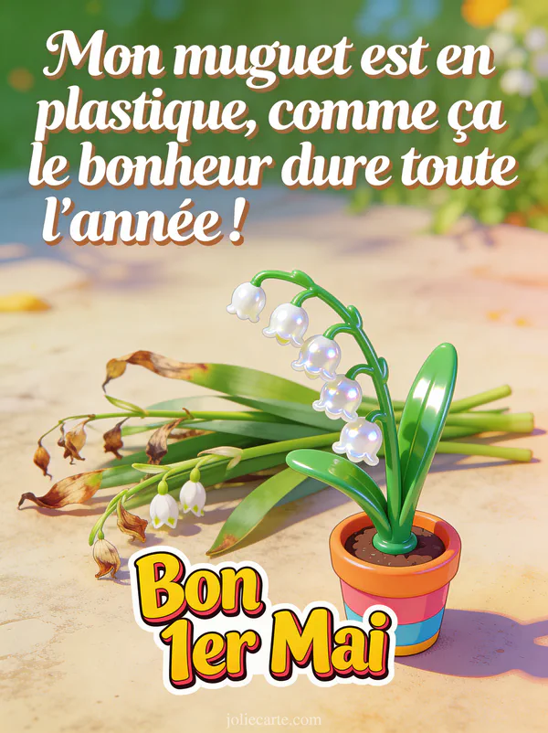 Illustration cartoon d'un brin de muguet en plastique brillant dans un petit pot coloré à côté de vrais brins de muguet fanés et flétris