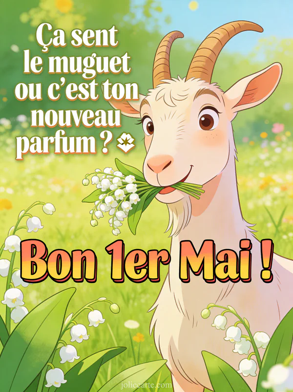 Illustration cartoon d'une chèvre souriante qui mâche un bouquet de muguet dans une prairie printanière avec le texte bon 1er Mai