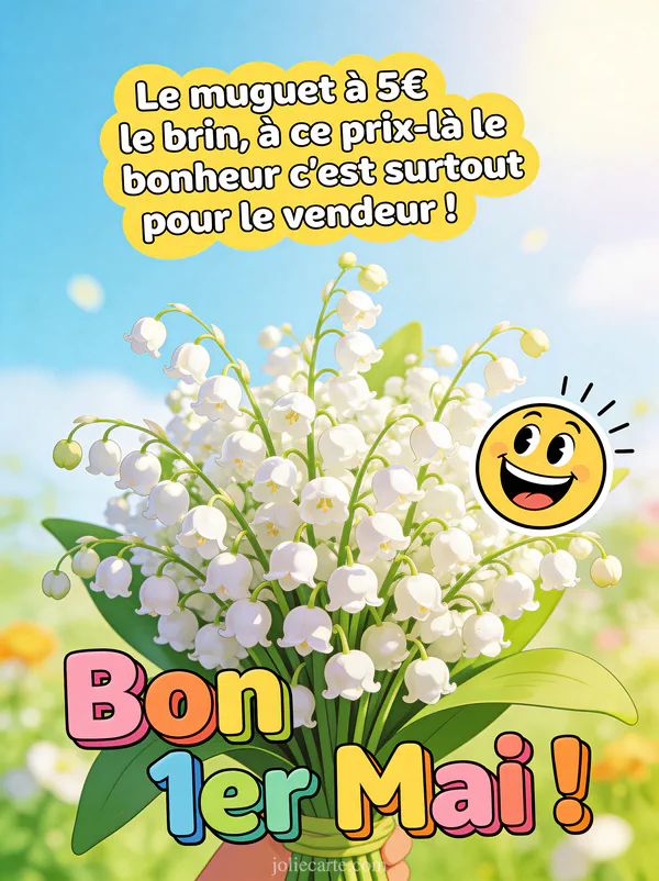Illustration cartoon d'un gros bouquet de muguet luxuriant débordant de clochettes blanches sur fond printanier lumineux avec le texte bon 1er Mai