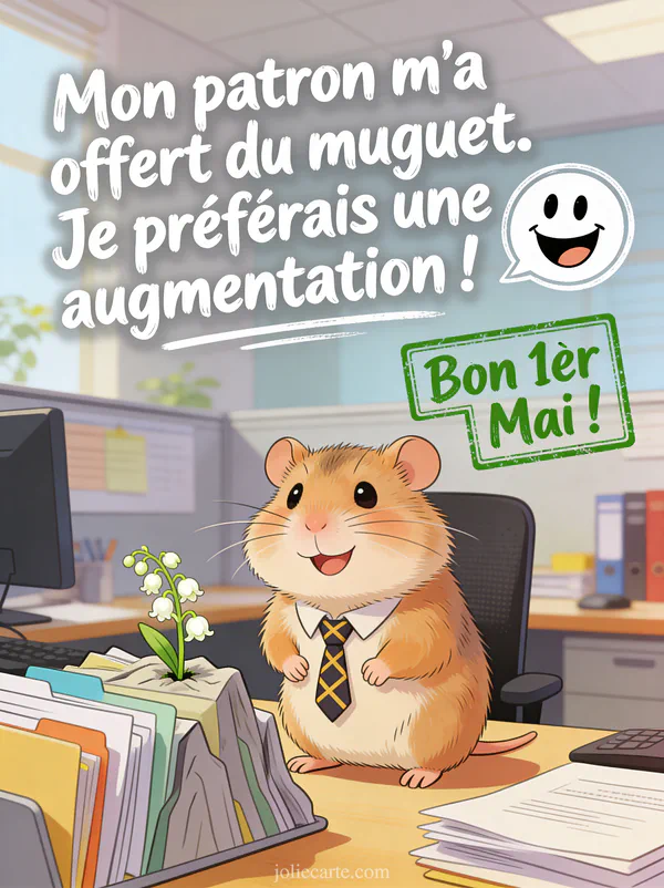 Illustration cartoon d'un hamster de bureau souriant avec une cravate de travers et un brin de muguet posé sur une montagne de dossiers