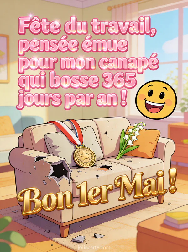 Illustration cartoon d'un canapé défoncé avec une médaille du mérite et un brin de muguet coincé entre les coussins dans un salon lumineux