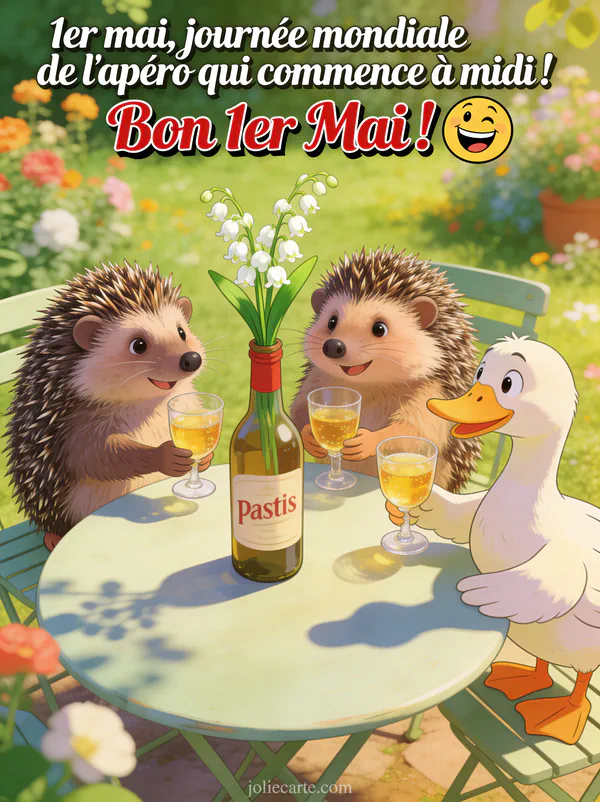Illustration cartoon de deux hérissons et un canard souriants trinquant autour d'une table de jardin avec un brin de muguet planté dans la bouteille