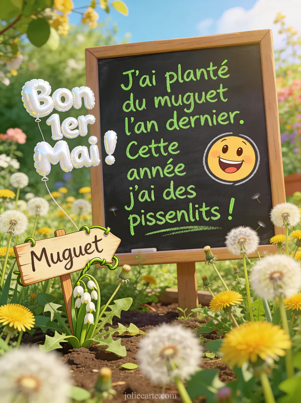 Illustration cartoon d'un jardin envahi de pissenlits avec une pancarte muguet tordue sur fond printanier lumineux