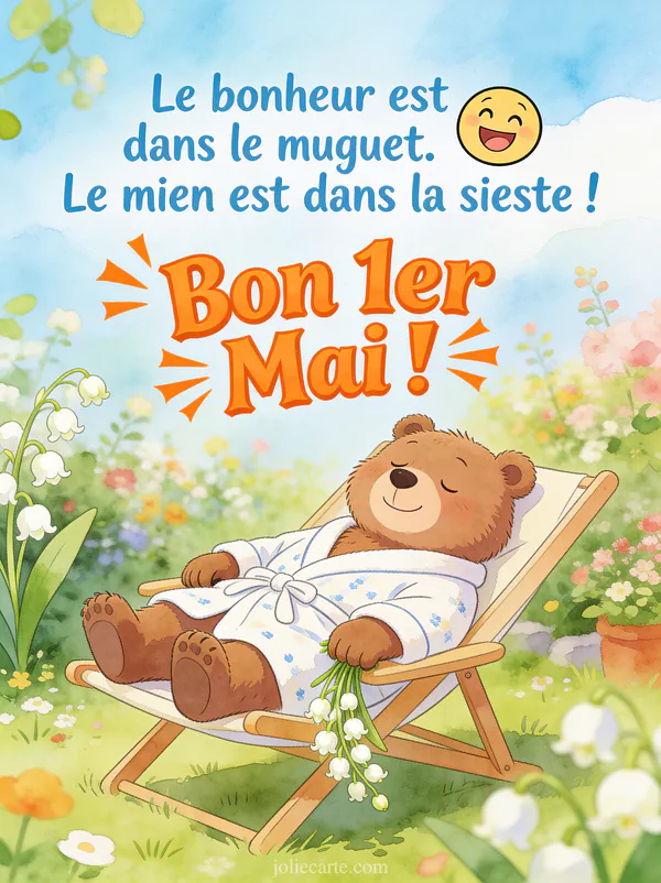 Illustration cartoon d'un ours en peignoir souriant dormant dans un transat avec du muguet qui lui tombe des pattes dans un jardin printanier