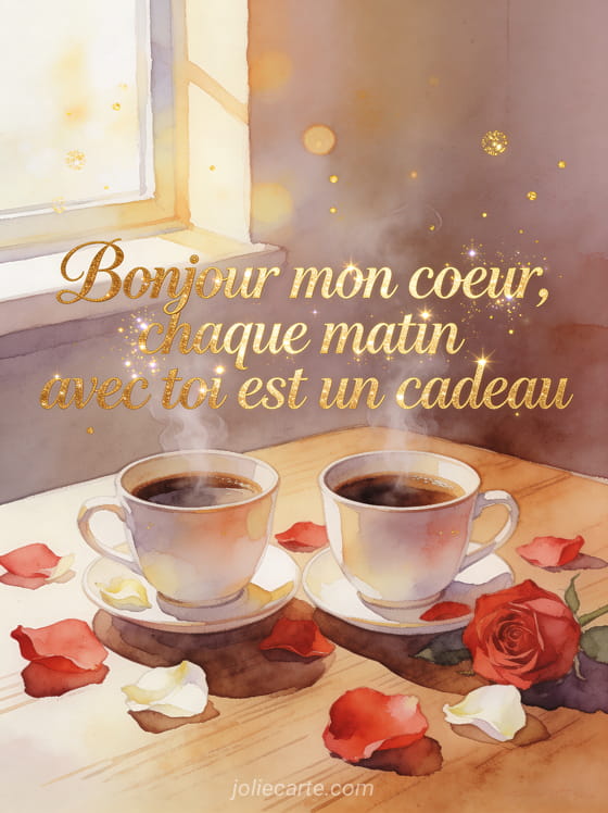 Deux tasses de café fumantes côte à côte sur une table en bois avec des pétales de roses rouges et le texte Bonjour mon coeur