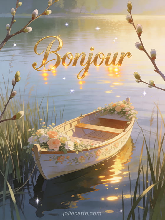 Barque fleurie amarrée dans les roseaux au bord d'un lac calme avec le texte Bonjour en lettres dorées cursives, lumière matinale douce