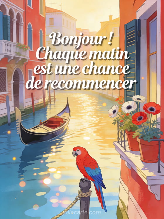 Canal vénitien avec gondole et façades colorées, un ara rouge et bleu perché sur un poteau d'amarrage, anémones en pot, lumière dorée du matin