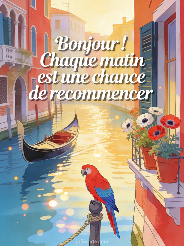 Canal vénitien avec gondole et façades colorées, un ara rouge et bleu perché sur un poteau d'amarrage, anémones en pot, lumière dorée du matin