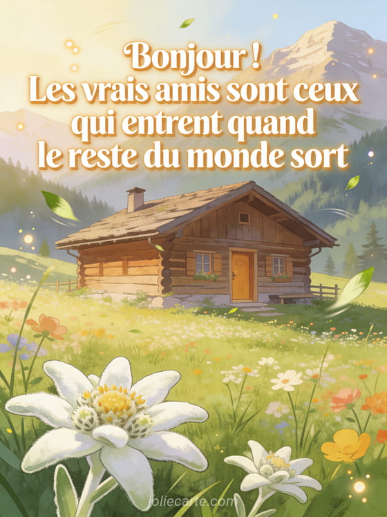 Prairie alpine fleurie avec chalet en bois et edelweiss au premier plan, lumière matinale printanière avec le texte sur l'amitié