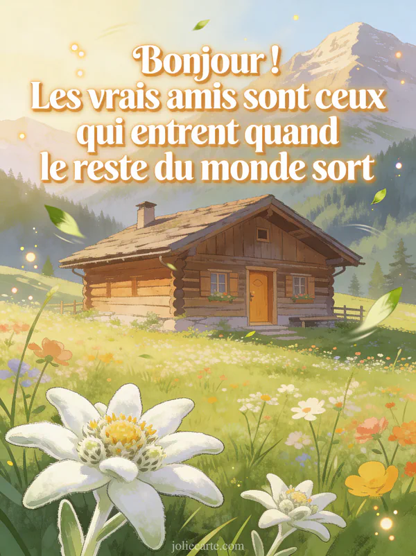 Prairie alpine fleurie avec chalet en bois et edelweiss au premier plan, lumière matinale printanière avec le texte sur l'amitié
