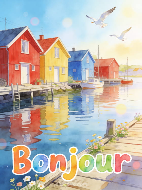 Village de pêcheurs scandinave avec maisons en bois colorées rouge jaune bleu au bord de l'eau, ciel bleu lumineux et fleurs sauvages