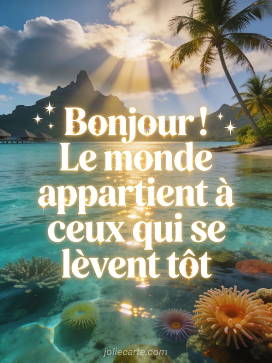 Lagune polynésienne aux eaux turquoise transparentes avec rayons de soleil perçant les nuages, cocotiers et anémones de mer colorées sous l'eau