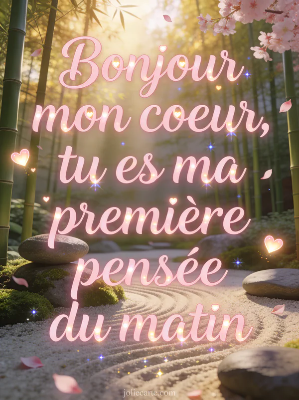 Jardin zen avec sable ratissé et pierres moussues, lumière matinale dorée filtrant entre les bambous, petits coeurs lumineux et pétales de cerisier