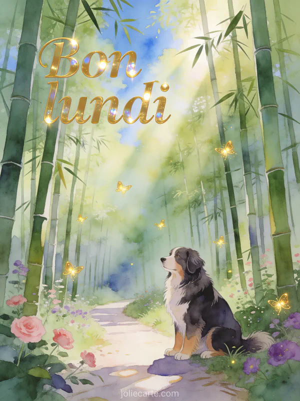 Terre-neuve majestueux assis dans une forêt de bambous japonaise baignée de lumière d'été avec le texte Bon lundi en lettres dorées