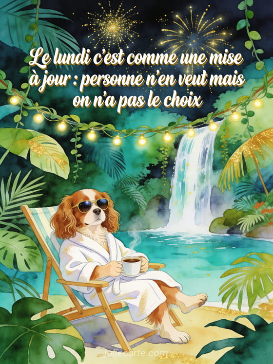 Cavalier king charles en peignoir avec lunettes de soleil assis dans un transat devant une cascade tropicale tenant un café avec le texte humoristique sur le lundi