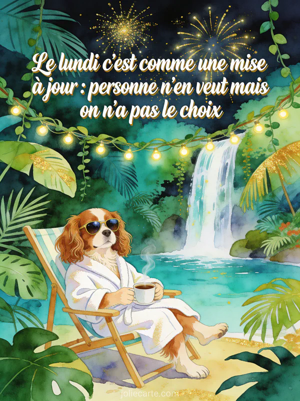 Cavalier king charles en peignoir avec lunettes de soleil assis dans un transat devant une cascade tropicale tenant un café avec le texte humoristique sur le lundi
