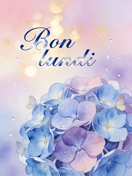 Hortensias bleus et mauves en gros plan avec gouttes de rosée et papillons délicats sur fond pastel rose et lavande avec le texte Bon lundi