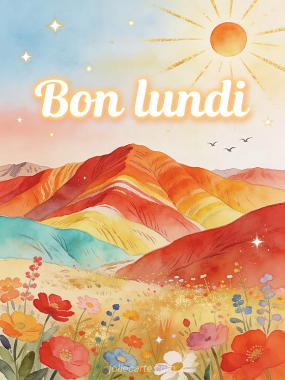 Montagnes arc-en-ciel de Zhangye Danxia aux strates rouge orange et turquoise avec champ de fleurs sauvages au premier plan et le texte Bon lundi