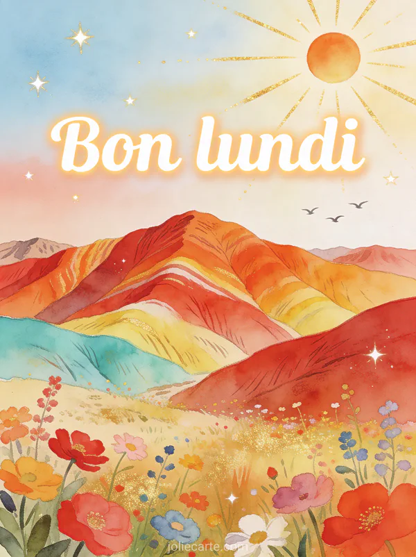 Montagnes arc-en-ciel de Zhangye Danxia aux strates rouge orange et turquoise avec champ de fleurs sauvages au premier plan et le texte Bon lundi