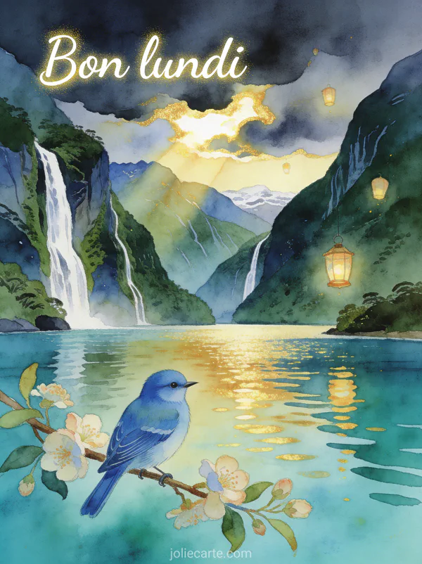 Milford Sound en Nouvelle-Zélande avec cascades et falaises verdoyantes, mésange bleue sur branche fleurie et lanternes flottantes avec le texte Bon lundi